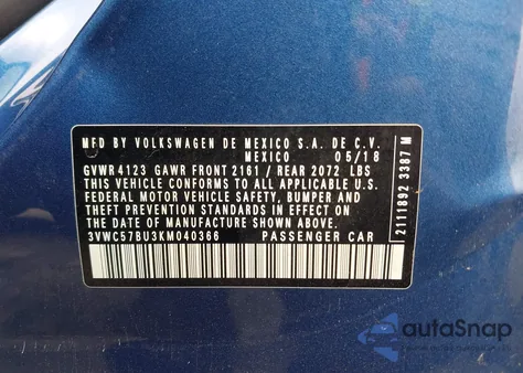 2019 Volkswagen Jetta 1.4T R-Line/1.4T S/1.4T Se from USA, damaged, VIN 3VWC57BU3KM040366